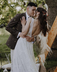 V-Neck Sleeveless Lace Wedding Dress Open Back Beach Bridal Wear-27dress