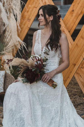 V-Neck Sleeveless Lace Wedding Dress Open Back Beach Bridal Wear-27dress