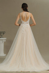 V-Neck Sleeveless Lace Wedding Dress With Split-27dress