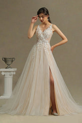 V-Neck Sleeveless Lace Wedding Dress With Split-27dress