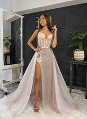 V-Neck Sleeveless Long Prom Dress With Detachable Sweep Train - Sheath-27dress