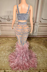 V-Neck Sleeveless Mermaid Long Evening Dresses with Feather-27dress