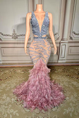 V-Neck Sleeveless Mermaid Long Evening Dresses with Feather-27dress