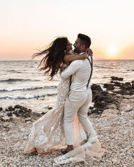 V-Neck Sleeveless Mermaid Wedding Dress With Appliques Bridal Gown-27dress