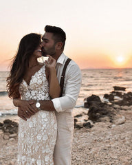 V-Neck Sleeveless Mermaid Wedding Dress With Appliques Bridal Gown-27dress