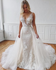 V-Neck Sleeveless Mermaid Wedding Dress With Appliques Detachable Skirt-27dress