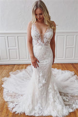 V-Neck Sleeveless Mermaid Wedding Dress With Appliques Detachable Skirt-27dress