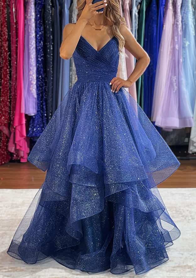 V-Neck Sleeveless Tulle Long Prom Dress with Ruffles and Glitter 27dress V-Neck Sleeveless Tulle Long Prom Dress with Ruffles and Glitter 27dress