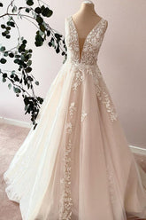 V-Neck Sleeveless Tulle Wedding Dress A-Line-27dress