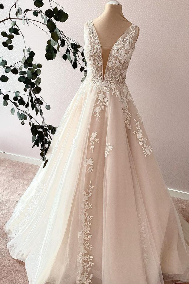V-Neck Sleeveless Tulle Wedding Dress A-Line-27dress