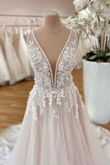 V-Neck Sleeveless Tulle Wedding Dress Long With Appliques-27dress