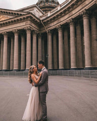 V-Neck Sleeveless Tulle Wedding Dress Slit With Appliques-27dress