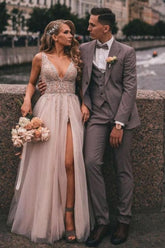 V-Neck Sleeveless Tulle Wedding Dress Slit With Appliques-27dress