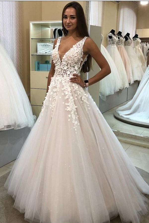V-Neck Sleeveless Tulle Wedding Dress With Appliques-27dress