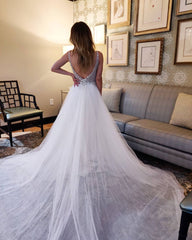 V-Neck Sleeveless Tulle Wedding Dress With Beads-27dress