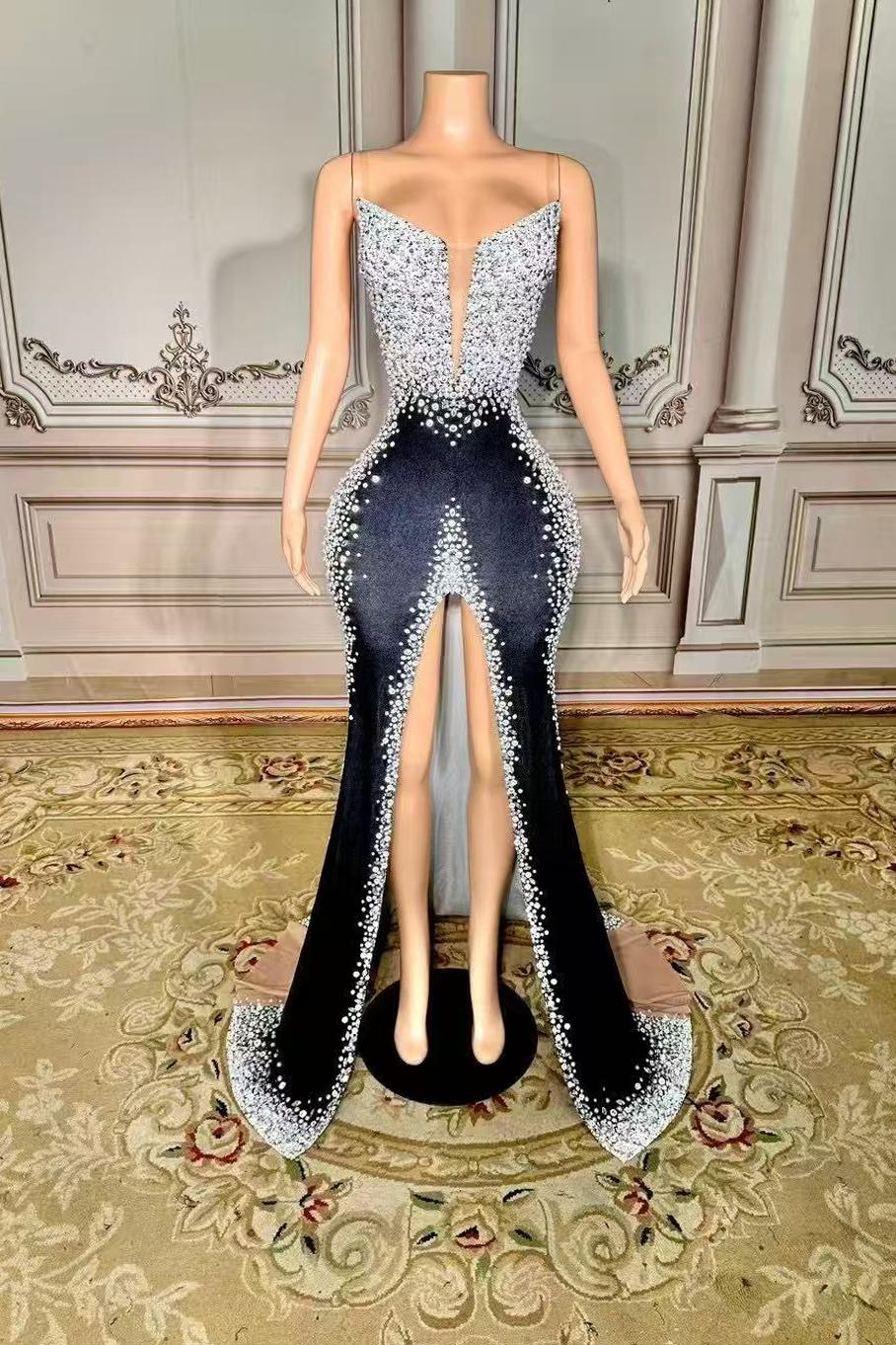 V-Neck Sleeveless Velvet Ball Gown Evening Dress with Diamonds-27dress