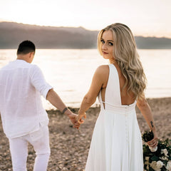 V-Neck Sleeveless Wedding Dress Beach Long-27dress