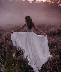 V-Neck Sleeveless Wedding Dress Boho Long Tulle With Sequins-27dress