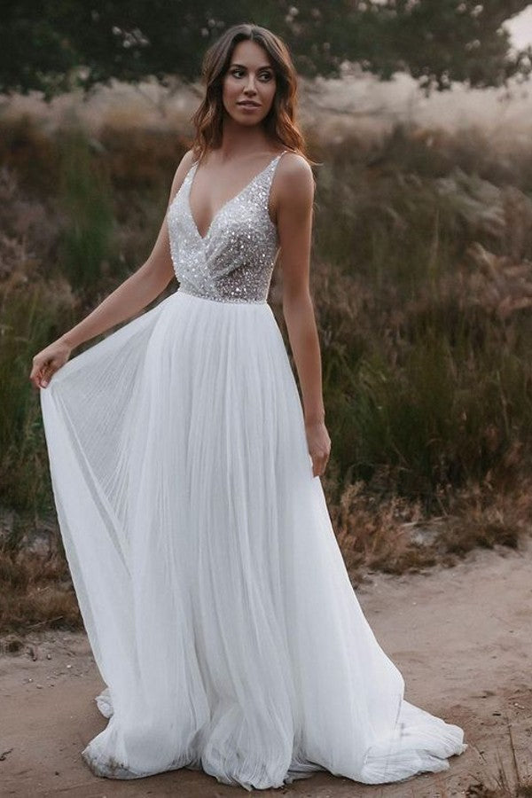 V-Neck Sleeveless Wedding Dress Boho Long Tulle With Sequins-27dress