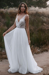 V-Neck Sleeveless Wedding Dress Boho Long Tulle With Sequins-27dress