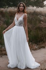 V-Neck Sleeveless Wedding Dress Boho Long Tulle With Sequins-27dress