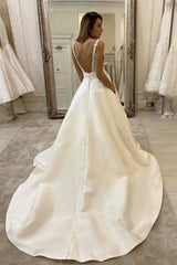 V-Neck Sleeveless Wedding Dress Ivory Lace Bridal Gowns-27dress