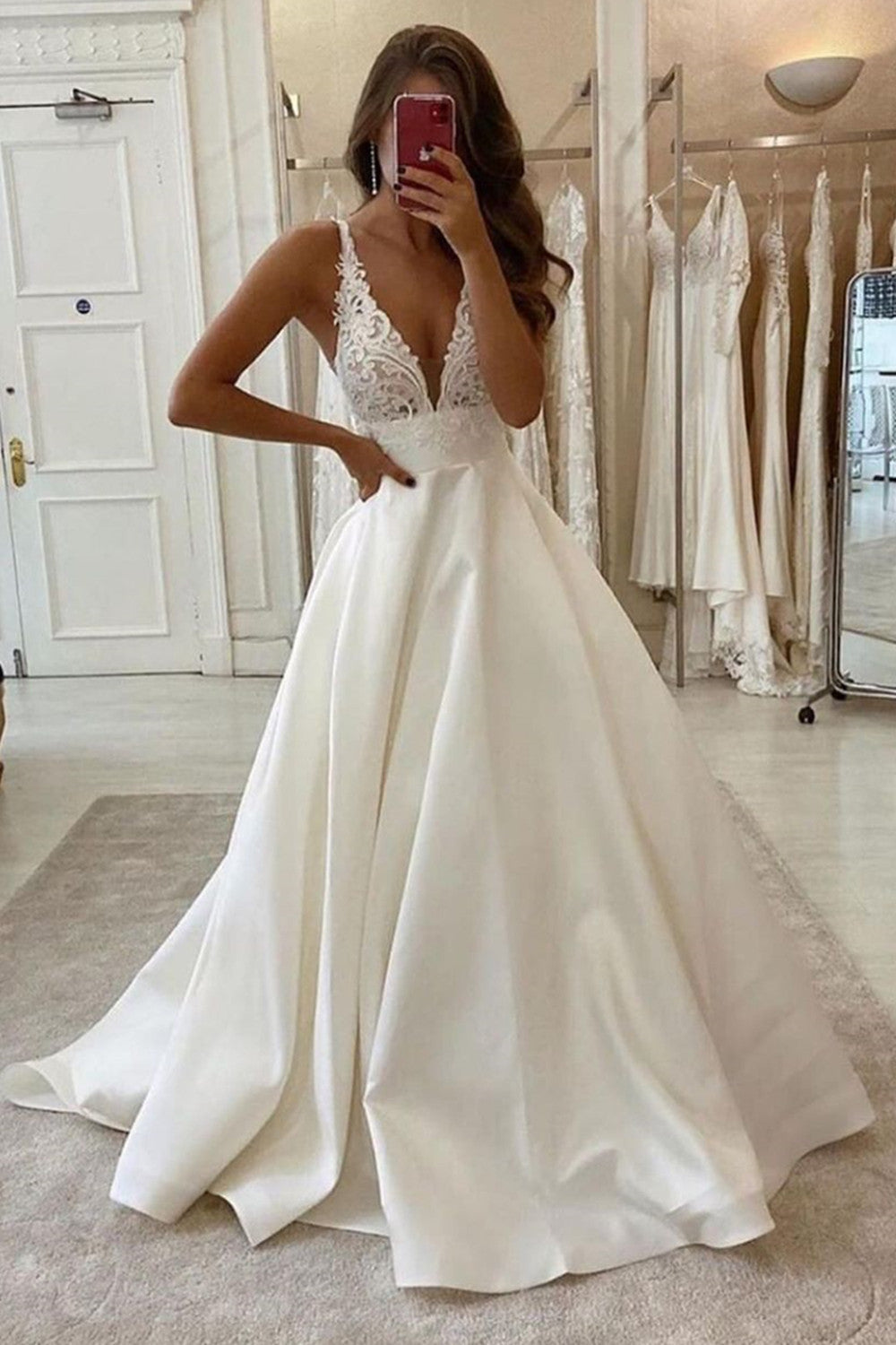 V-Neck Sleeveless Wedding Dress Ivory Lace Bridal Gowns-27dress