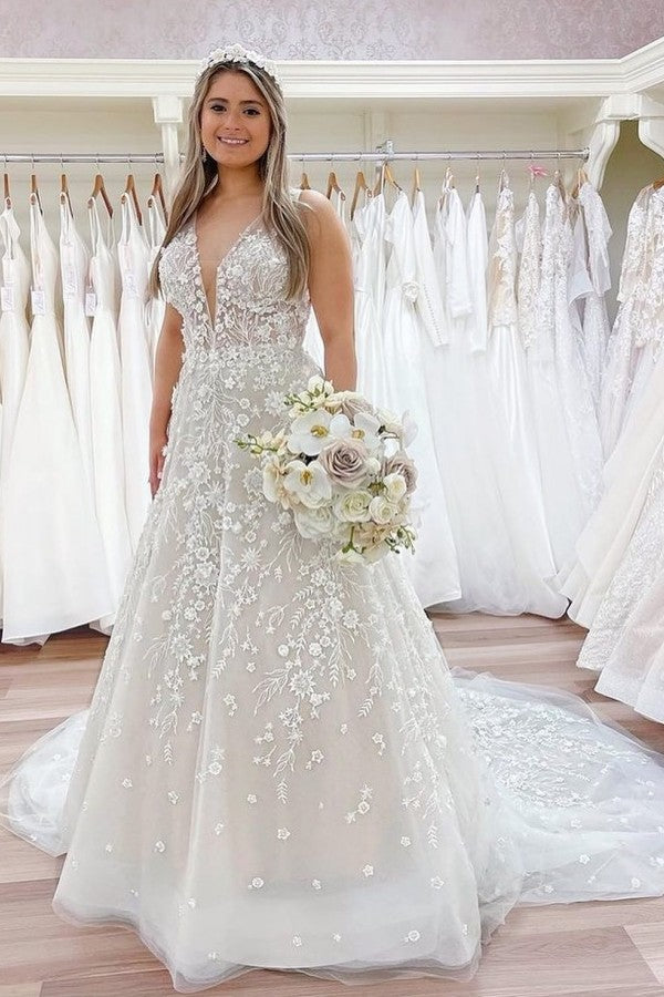 V-Neck Sleeveless Wedding Dress Long With Appliques Online-27dress