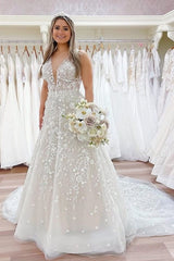 V-Neck Sleeveless Wedding Dress Long With Appliques Online-27dress