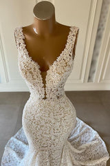 V-Neck Sleeveless Wedding Dress Mermaid Lace Online-27dress