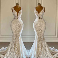 V-Neck Sleeveless Wedding Dress Mermaid Lace Online-27dress