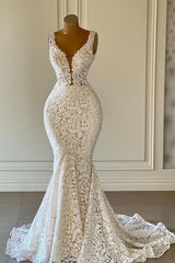 V-Neck Sleeveless Wedding Dress Mermaid Lace Online-27dress