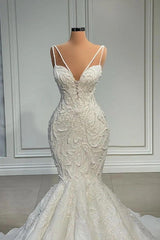 V-Neck Sleeveless Wedding Dress Mermaid Lace With Beads-27dress