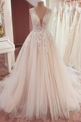 V-Neck Sleeveless Wedding Dress Tulle Lace Appliques-27dress