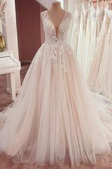 V-Neck Sleeveless Wedding Dress Tulle Lace Appliques-27dress