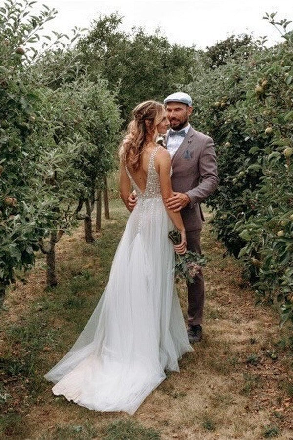 V-Neck Sleeveless Wedding Dress Tulle Slit With Lace Appliques-27dress