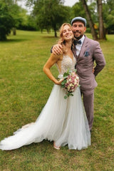 V-Neck Sleeveless Wedding Dress Tulle Slit With Lace Appliques-27dress