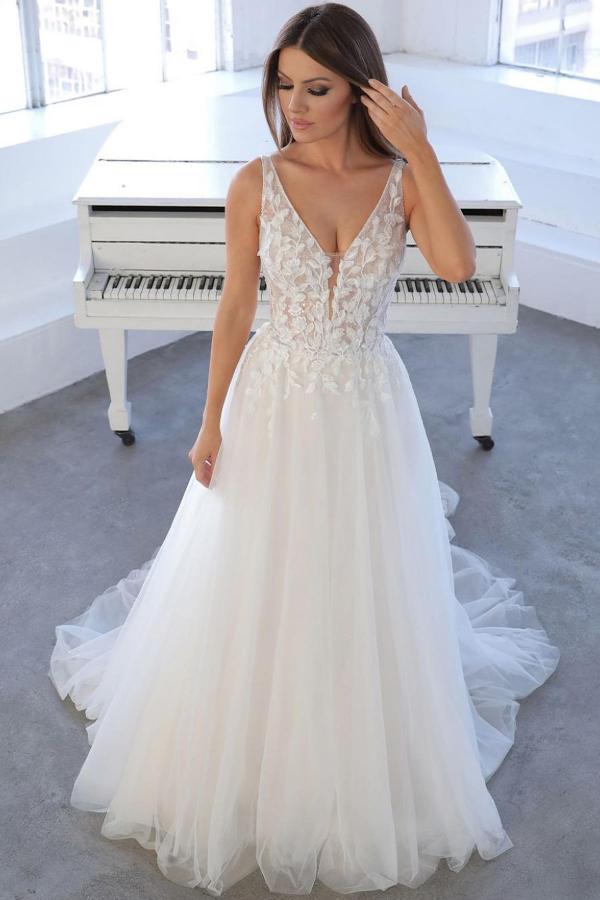 V-Neck Sleeveless Wedding Dress Tulle With Appliques-27dress