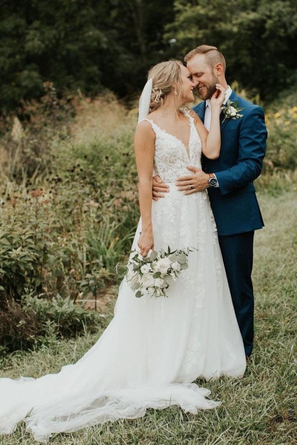 V-Neck Sleeveless Wedding Dress With Lace Appliques Summer Bridal Gown-27dress