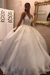 V-Neck Spaghetti-Straps Lace Wedding Dress Ball Gown Sleeveless-27dress