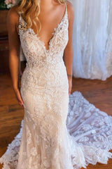 V-neck Spaghetti Straps Mermaid Backless Lace Wedding Dresses-27dress