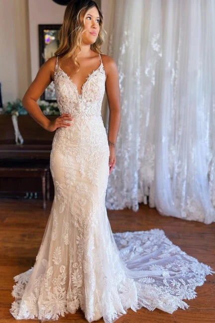 V-neck Spaghetti Straps Mermaid Backless Lace Wedding Dresses-27dress