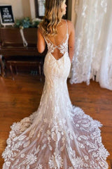 V-neck Spaghetti Straps Mermaid Backless Lace Wedding Dresses-27dress