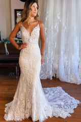 V-neck Spaghetti Straps Mermaid Backless Lace Wedding Dresses-27dress