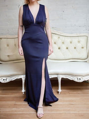 V-Neck Stretch Crepe Sheath Bridesmaid Dress with Side Split