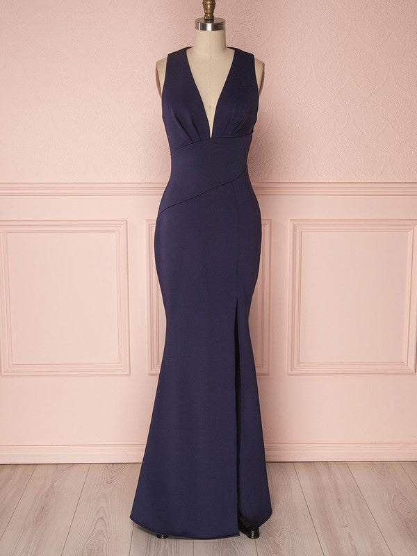 V-Neck Stretch Crepe Sheath Bridesmaid Dress with Side Split