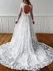 V-neck Tulle Ball Gown Wedding Dress with Appliques and Lace Sweep Train