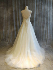V-neck Tulle Ball Gown Wedding Dress with Beading and Sweep Train