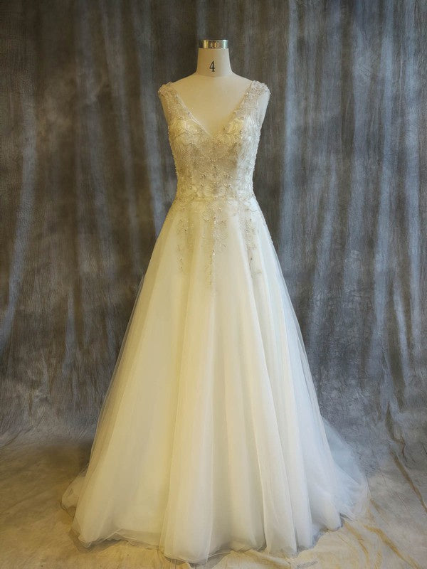 V-neck Tulle Ball Gown Wedding Dress with Beading and Sweep Train
