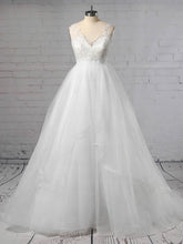 V-neck Tulle Ball Gown Wedding Dress with Cascading Ruffles and Sweep Train